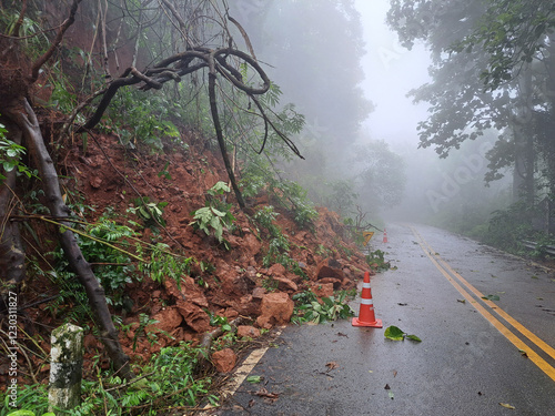 Landslides due to heavy rain causing traffic problems due to landslides blocking travel
