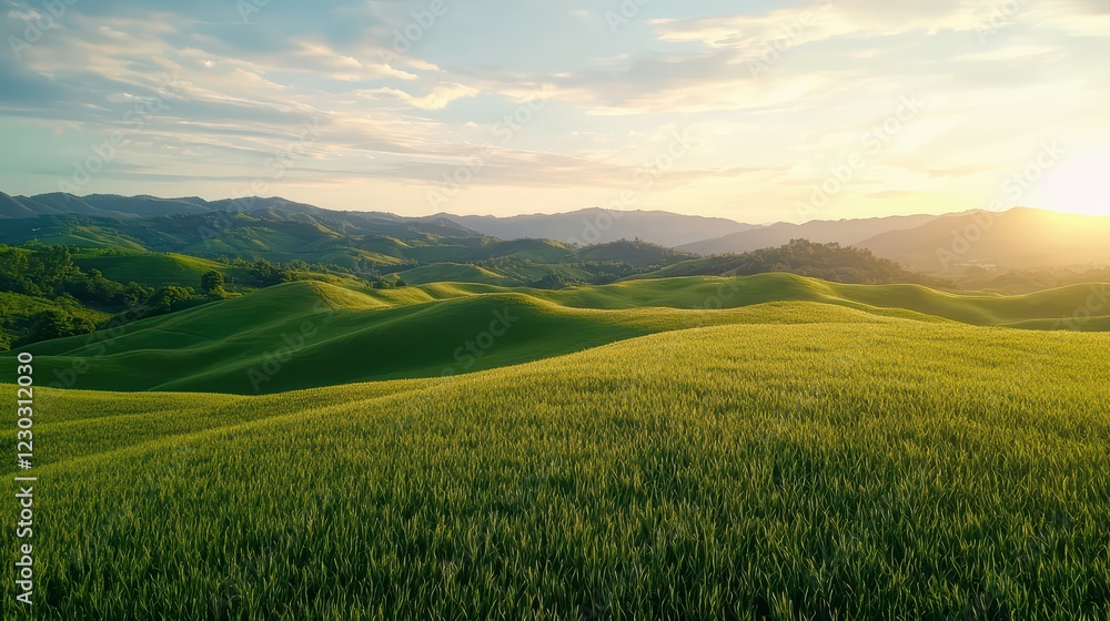 Lush Green Rolling Hills Under Sunrise in Expansive Landscape Lush Green Rolling Hills Under Sunrise in Expansive Landscape