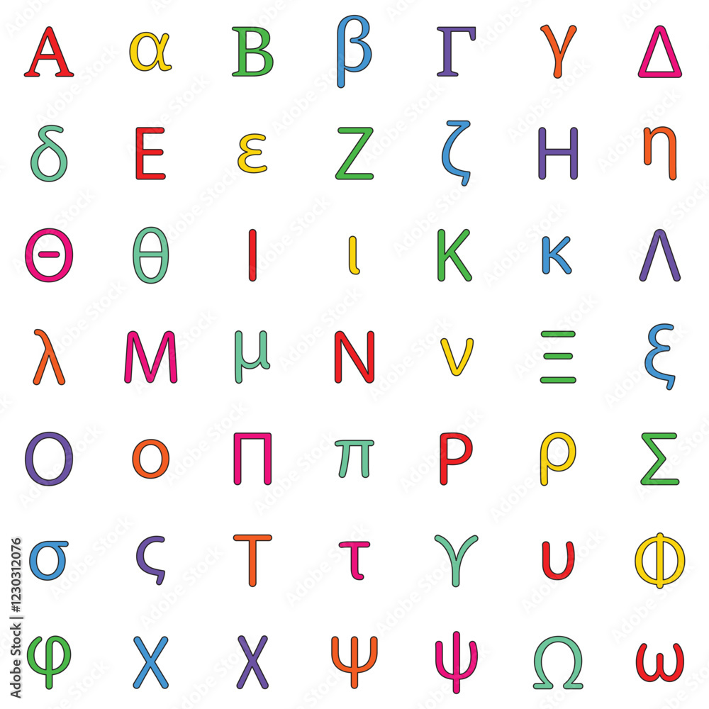 Fototapeta premium Greek alphabet letters outline color icon set, vector illustrator 