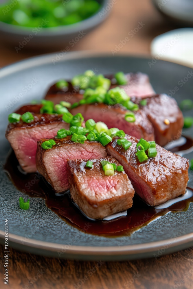 Juicy Slices of Beef with Green Onions Drizzled in Sauce Juicy Slices of Beef with Green Onions Drizzled in Sauce