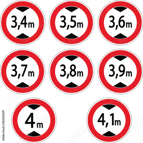 Nine height limit traffic signs displaying different heights from 3,4 meters to 4,1 meters, isolated on a white background
