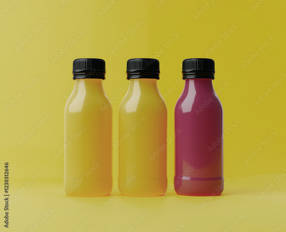 fruit and vegetable juice in bottles on a yellow background, mock-up fruit and vegetable juice in bottles on a yellow background, mock-up