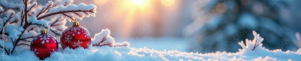Frosty morning scene with snow-covered branches and ornaments, winter, ornament Frosty morning scene with snow-covered branches and ornaments, winter, ornament