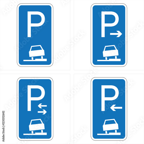 Four blue parking signs indicating parking allowed and showing the correct way of parking next to the sidewalk