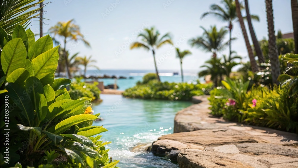Fototapeta premium Miniature Tropical Paradise: Tilt-Shift Exotic Leaves and Water Summer Background
