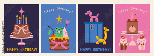 Happy birthday Greeting card set. Cute Celebration cakes with candles, kawaii cupcakes, gift and Inflatable animal figurines, balloons. Trendy modern vector illustration, hand drawn, flat design