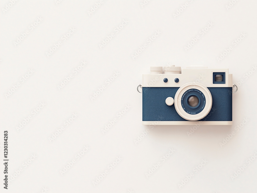A blue and white camera with a white background A blue and white camera with a white background