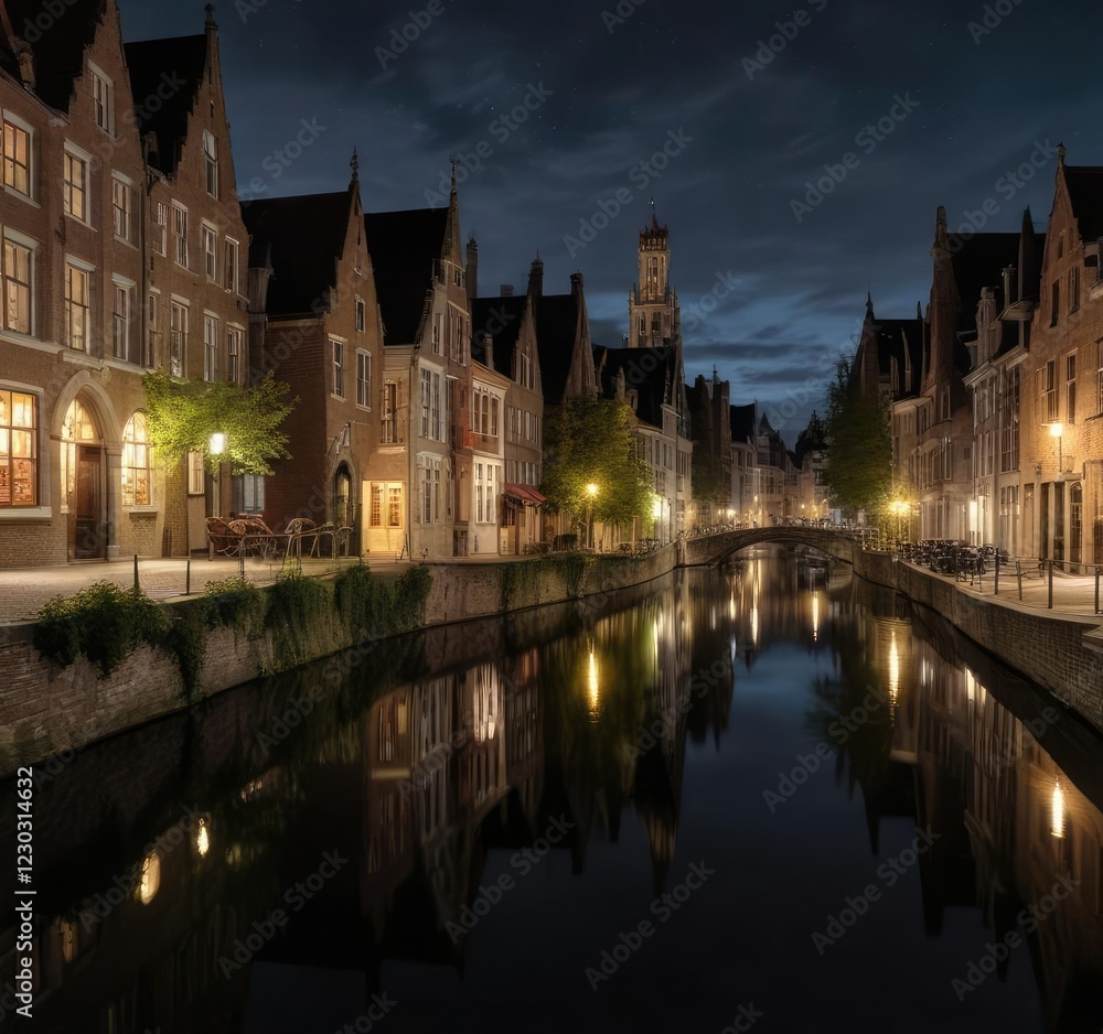 Naklejka premium Panoramic long exposure of Bruges canals at night, serene landscape,