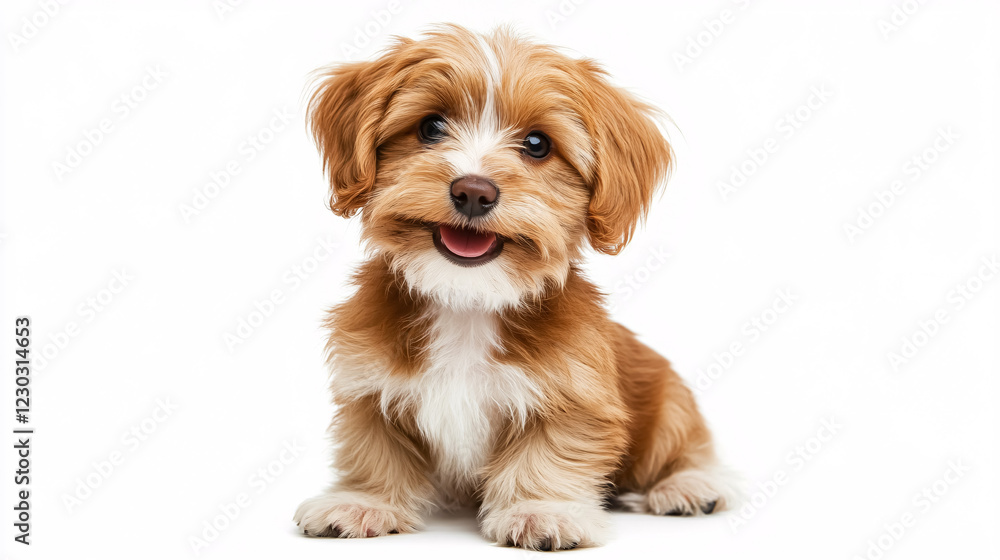 A joyful reddish Havanese puppy sitting upright, facing the camera.