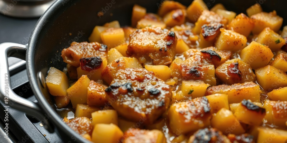 Pan-seared meat and potato casserole in a large frying pan, golden brown, casserole, frying pan Pan-seared meat and potato casserole in a large frying pan, golden brown, casserole, frying pan