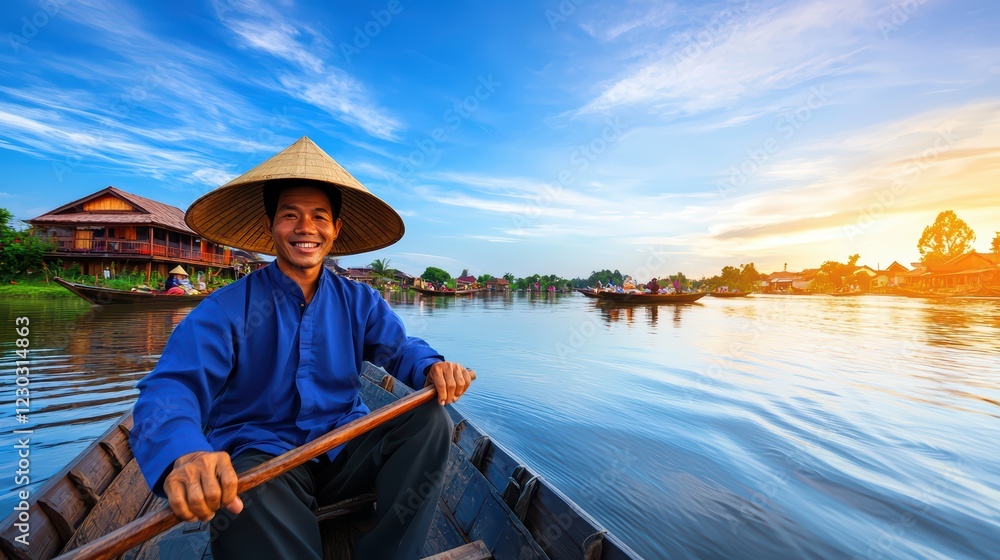 Smiling Man in Traditional Hat Rowing a Boat on Calm River at Sunset Smiling Man in Traditional Hat Rowing a Boat on Calm River at Sunset