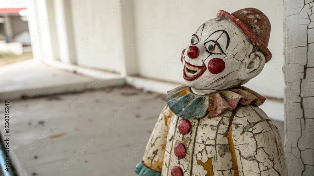 Paper mache clown figurine in a decaying state with cracks and peeling paint, distressed, rotten, crumbling, rotting Paper mache clown figurine in a decaying state with cracks and peeling paint, distressed, rotten, crumbling, rotting