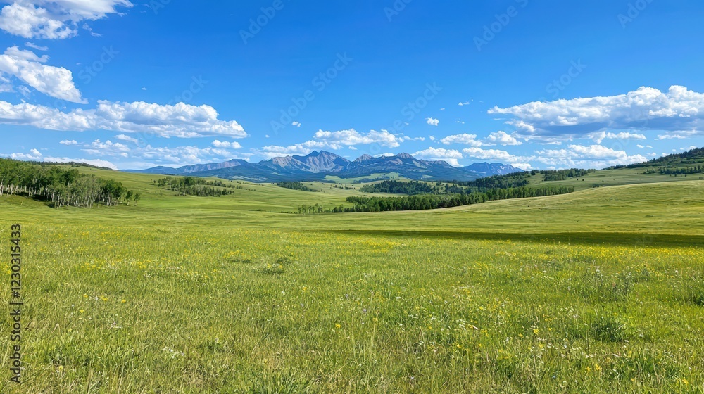 Fototapeta premium Vast Green Meadow with Mountain Range Under Bright Blue Sky