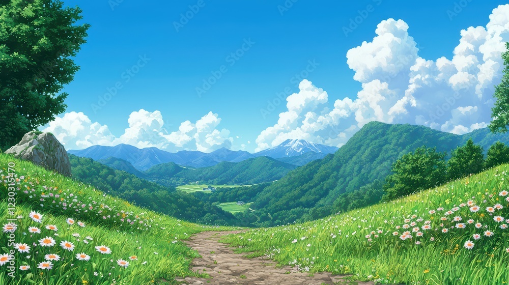 Obraz premium Scenic Landscape with Green Hills, Daisies, and Blue Sky