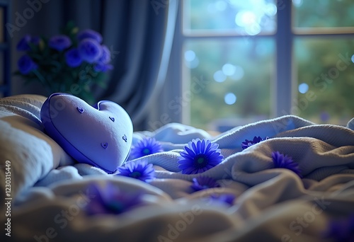 Heartfelt Bedroom decorated with flowers with A heart-shaped locket during Moonlight filtering throu photo