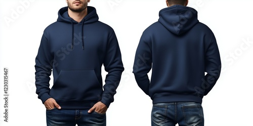 A man with flat tidy navy blue hoodie sweatshirt, and using jeans template for design on a white background, front and back view isolated white background for mockup concept