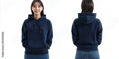 A beautiful korean girl short hair with flat tidy navy blue hoodie sweatshirt, and using jeans template for mockup on a white background, full body view, front and back view isolated white background