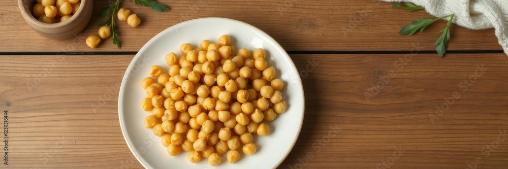 Plate of golden cooked chickpeas placed on a wooden table, nutrient-dense, legumes Plate of golden cooked chickpeas placed on a wooden table, nutrient-dense, legumes