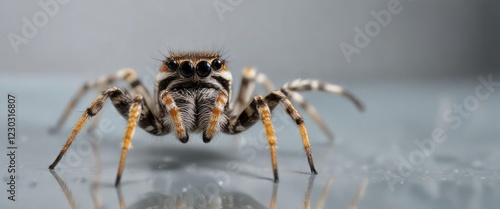 Portrait of zebra spider on a clear glass surface, portrait photography, clear object