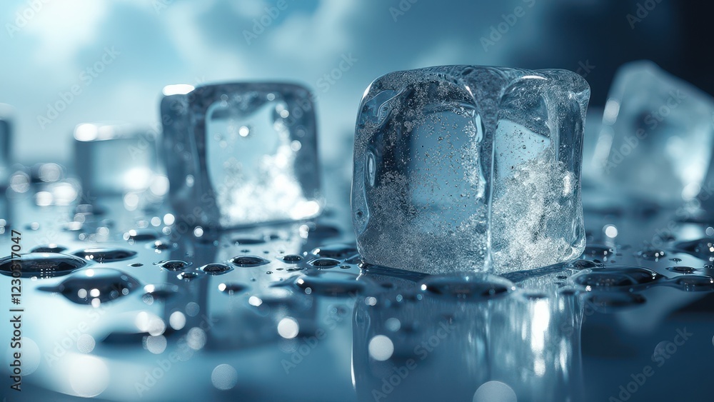 Fresh ice cubes melting on a reflective wet surface with scattered water droplets	