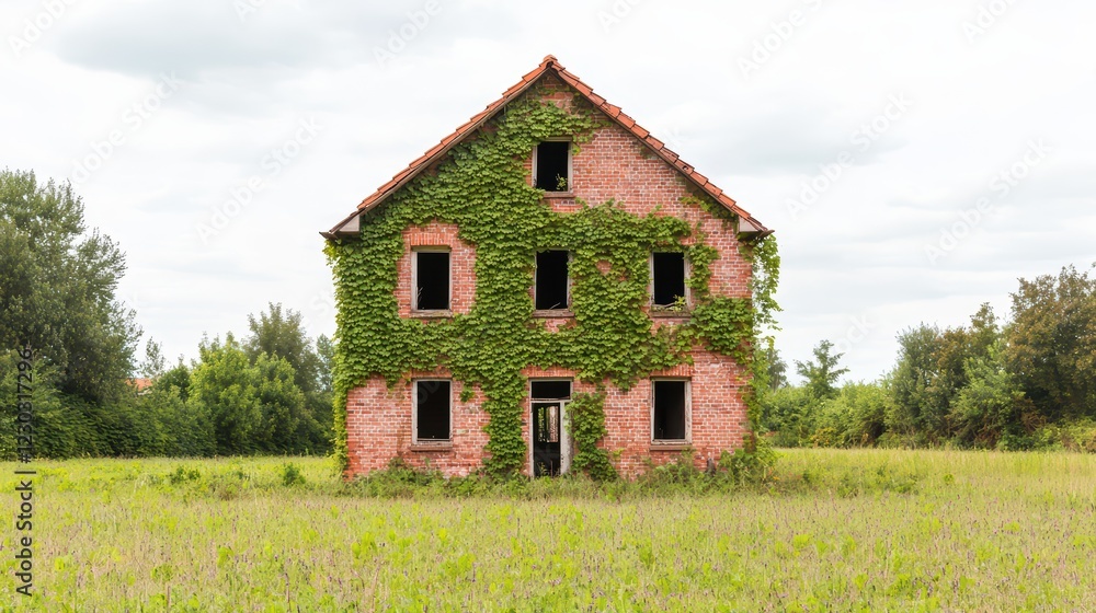 Obraz premium Abandoned House Covered in Green Ivy Surrounded by Nature