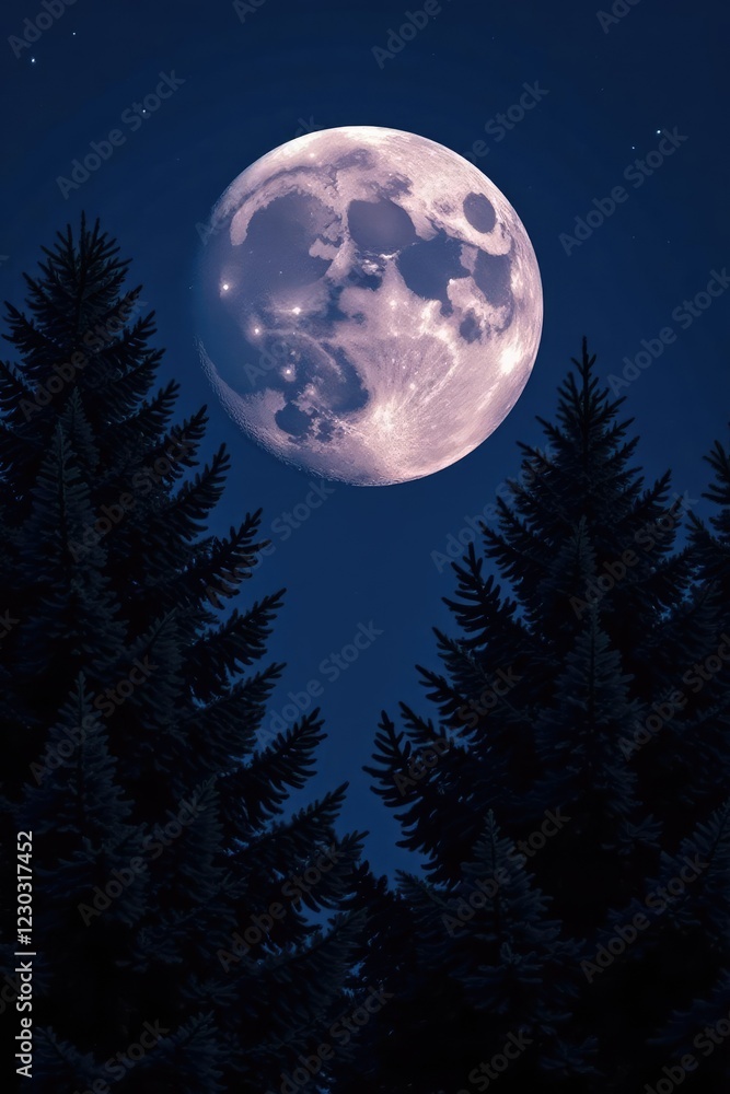 Naklejka premium Supermoon casts an ethereal glow on the trees, glowing, night