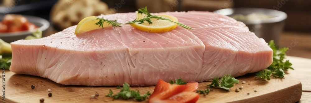 Raw swordfish served on a wooden cutting board , seafood, mediterranean, wood Raw swordfish served on a wooden cutting board , seafood, mediterranean, wood