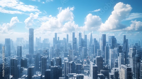 Beautiful skyscraper cityscape with puffy white clouds in the blue sky