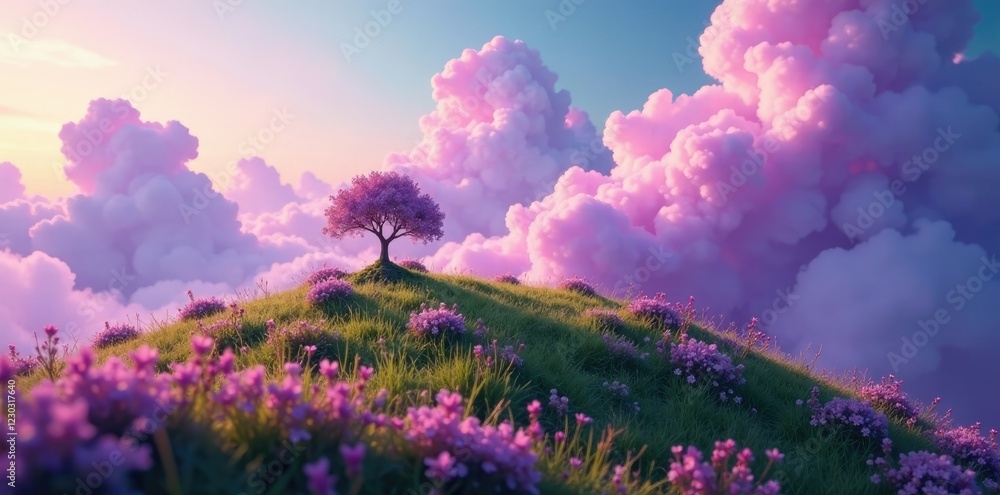 Naklejka premium Swirling purple clouds envelop a lush meadow on a miniature planet, cloudy, miniature planet