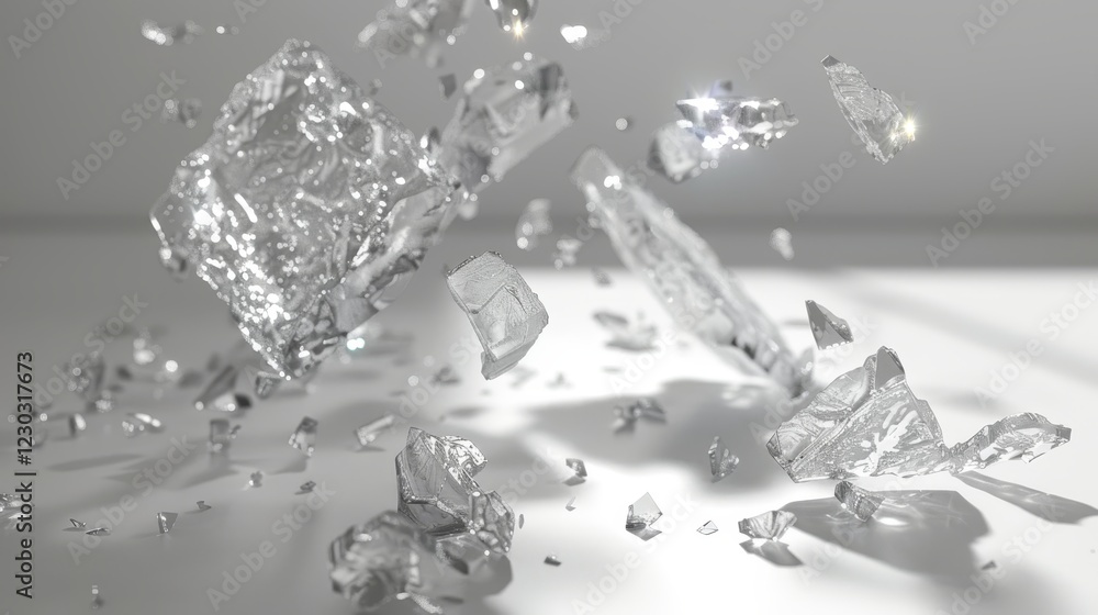 Realistic cg ice cubes suspended above a white background showcasing textures and light reflections Realistic cg ice cubes suspended above a white background showcasing textures and light reflections