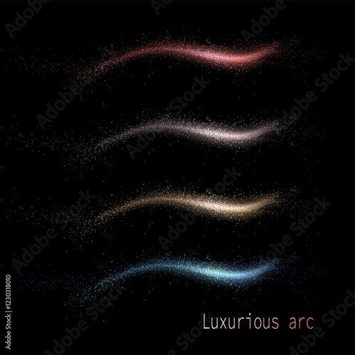 Arch with shiny tinsel on a black background, multi-colored set, design element.