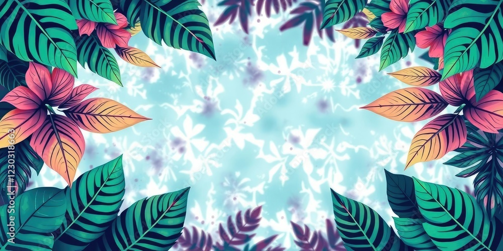 Naklejka premium Retro Tropical Leafy Tie Dye Design, tropical, foliage, leaves
