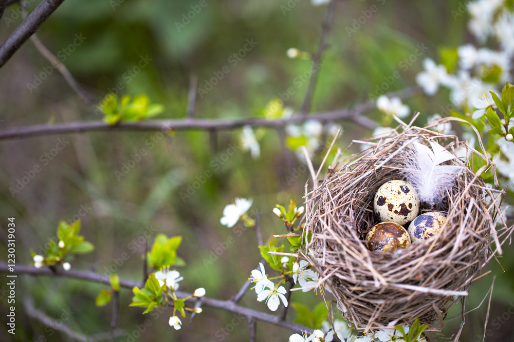 Natural background with a nest in flowering branches. Natural background with a nest in flowering branches.