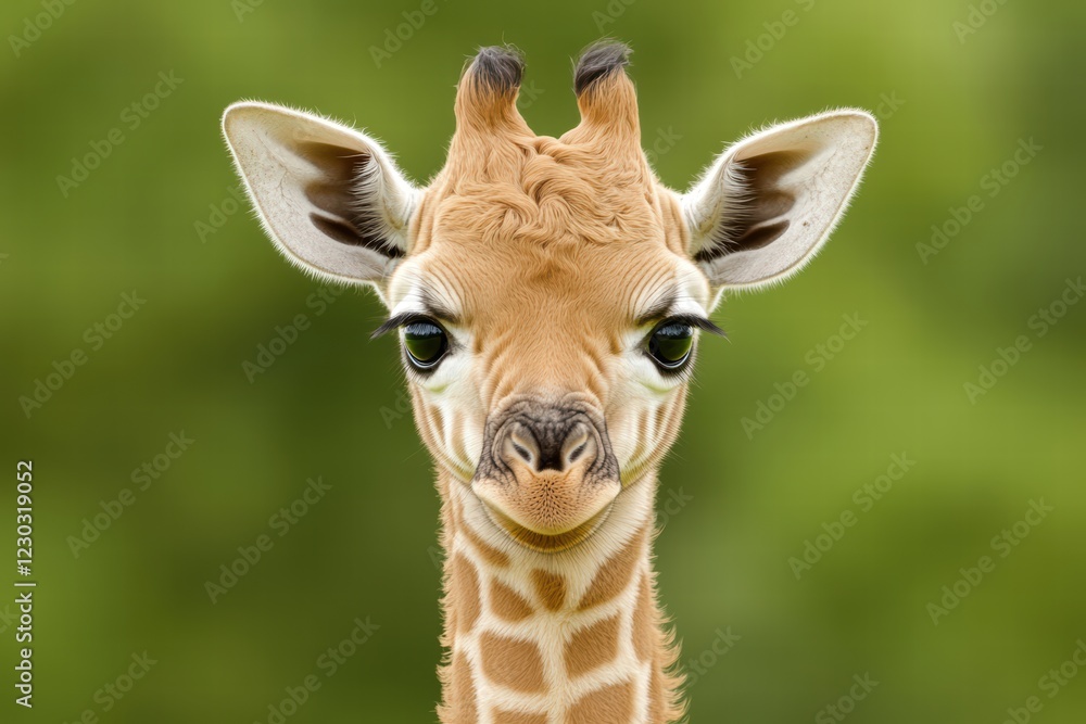 Obraz premium Playful young giraffe with big eyes against a blurred green background