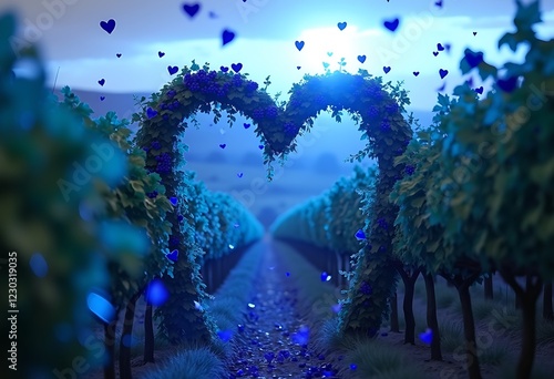 Lovestruck Vineyard with a heart-shaped arch with Confetti during Heart-shaped bokeh photo