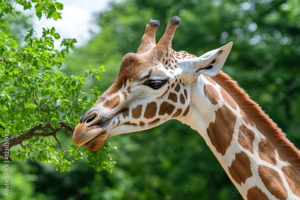 Obraz premium Giraffe Feeding on Leaves Near Lush Greenery in Natural Habitat