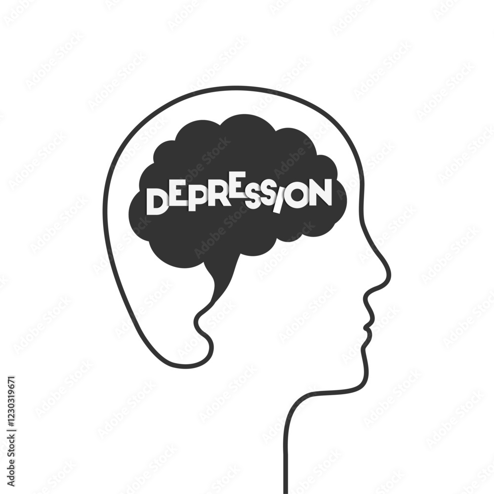 Depression concept with word inside the brain, head and face silhouette of a person. Brain shape in dark color as depressed mind and mental state, negative feeling, emotion or thought symbol. Depression concept with word inside the brain, head and face silhouette of a person. Brain shape in dark color as depressed mind and mental state, negative feeling, emotion or thought symbol.