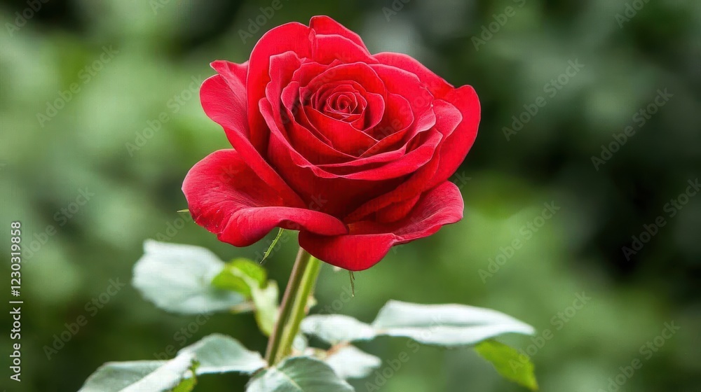 Vibrant Red Rose Blooming in Lush Green Garden Background Vibrant Red Rose Blooming in Lush Green Garden Background