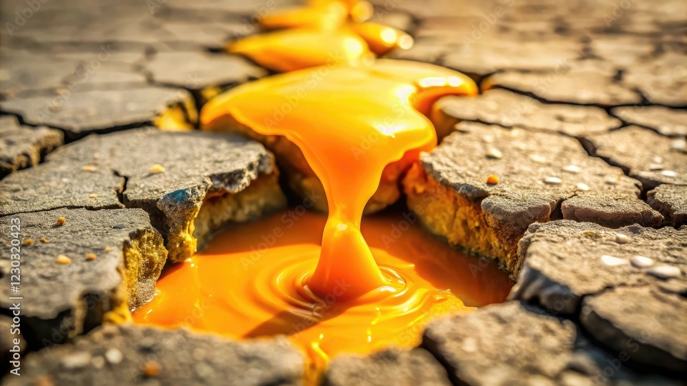Obraz premium Saffron-colored slime oozes out of a crack in the ground, revealing a hidden underground world, ruins, dark, slime, cave