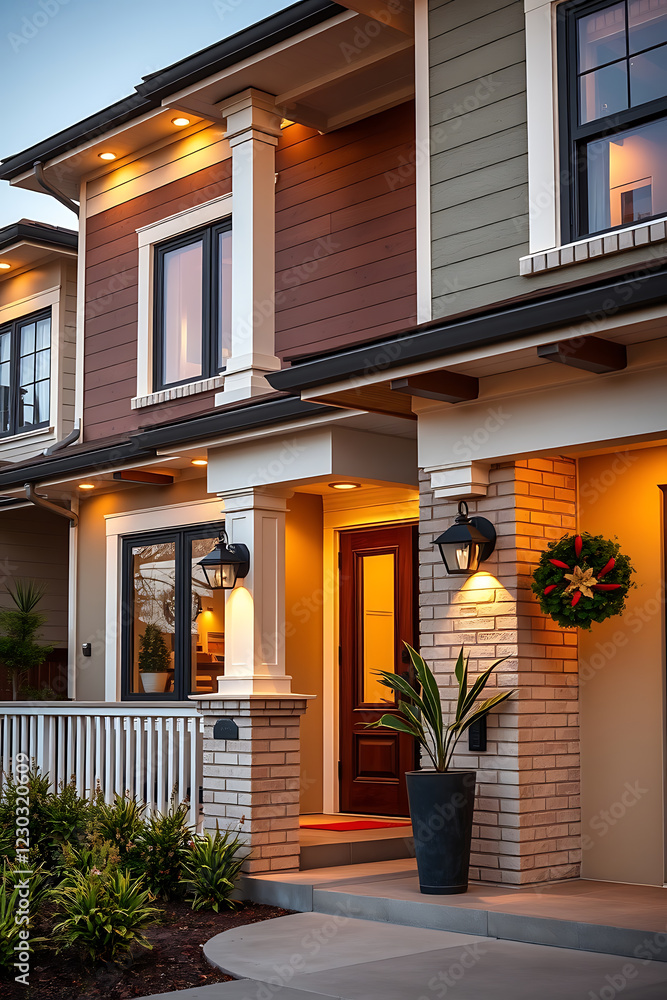 Obraz premium Luxury Home Exterior at Night: Modern Brick Architecture and Landscaping