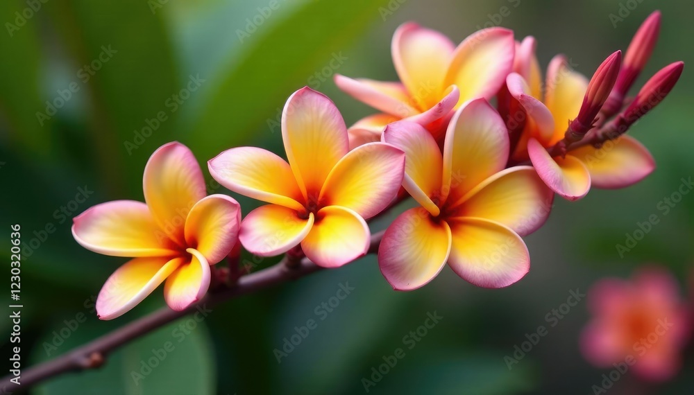 Fototapeta premium colorful frangipani flowers on a long thin stem, stems, garden, spring