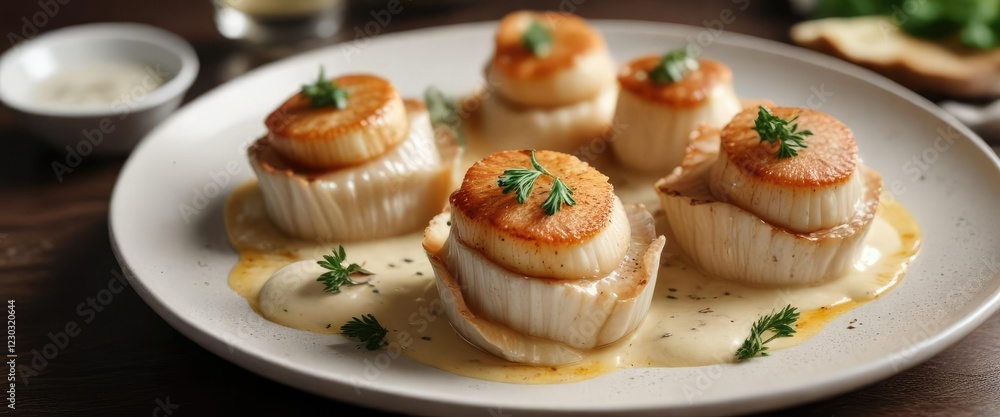 Scallops in their natural shells served with a rich and creamy sauce, sauce, shellfish Scallops in their natural shells served with a rich and creamy sauce, sauce, shellfish