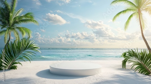 Tropical Beach Scene with Blank Platform for Creative Ideas Display