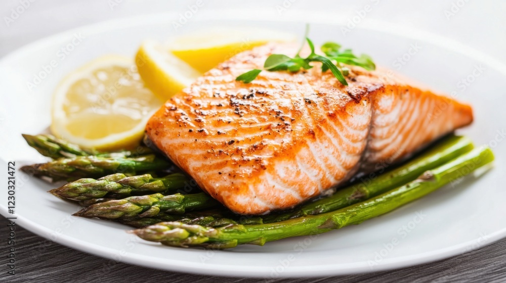 A perfectly cooked fillet of salmon served on a bed of asparagus, garnished with lemon slices, Salmon fillet centered on a minimalist white plate A perfectly cooked fillet of salmon served on a bed of asparagus, garnished with lemon slices, Salmon fillet centered on a minimalist white plate