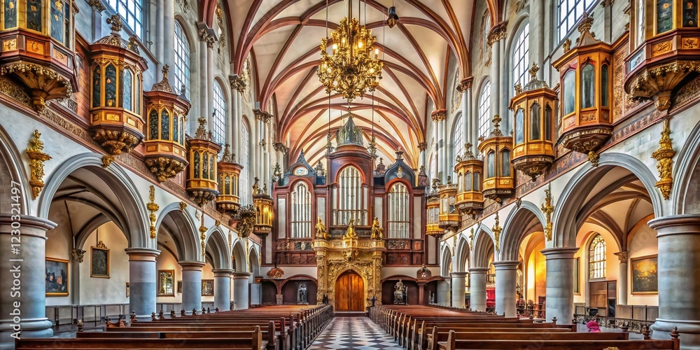 Obraz premium Minimalist Haarlem Grote Kerk Interior: Organ & Nave - Dutch Cathedral Architecture