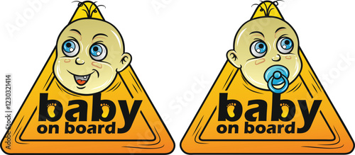 Two variations of a triangular baby on board sign, one with a smiling baby and the other with a pacifier