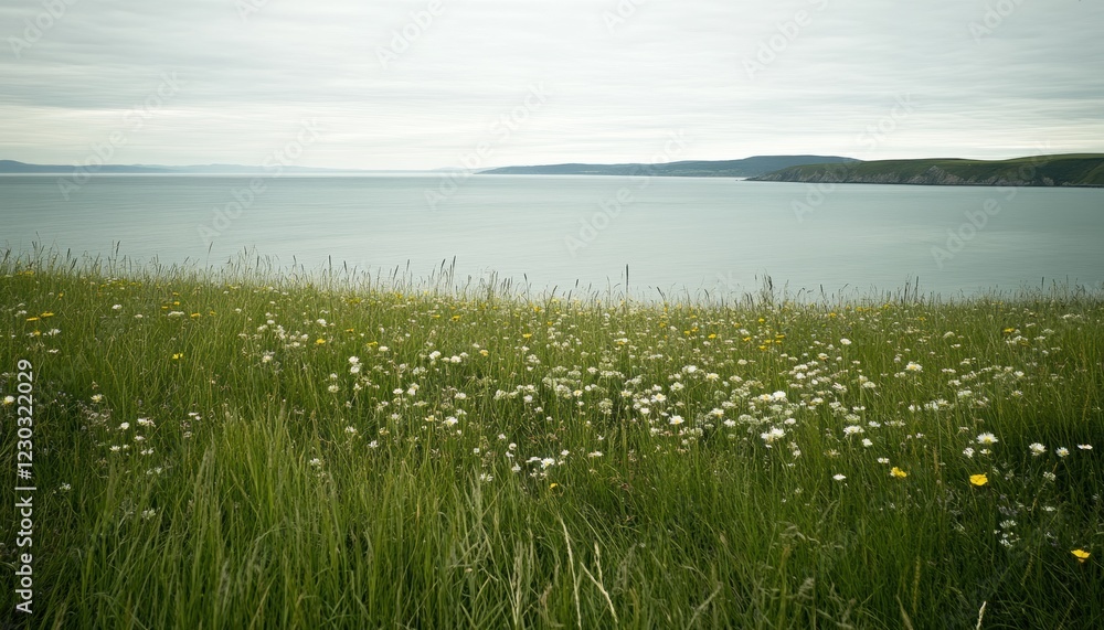 Obraz premium Coastal landscape with grass and sea water beach. Ocean horizon background.