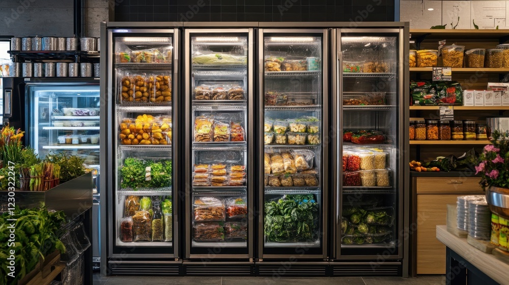 Refrigerated Shelves of Freshly Packed Produce in a Modern Grocery Store Refrigerated Shelves of Freshly Packed Produce in a Modern Grocery Store