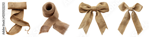 Burlap ribbon design isolated on transparent background, PNG, set of photo