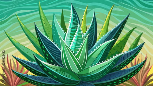 Illustration of a vibrant aloe vera plant with sharp green leaves against a colorful abstract background